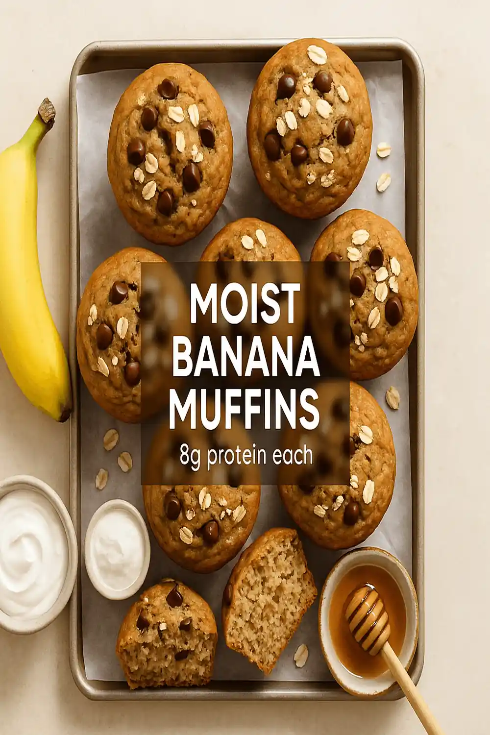Moist banana muffins with a fluffy bakery style texture, made with applesauce and brown sugar, shown as a high protein snack or quick breakfast option.