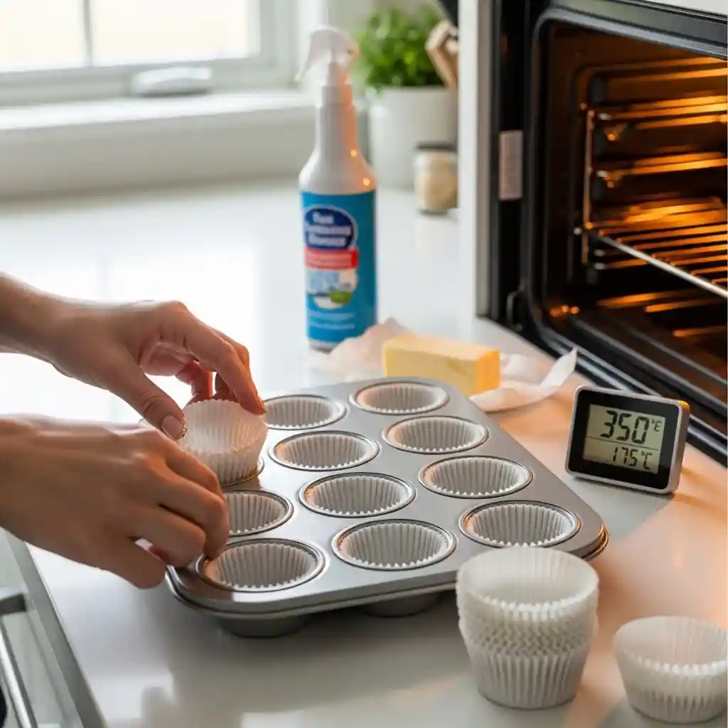 Preheating oven to 350°F with lined muffin pan ready for banana muffins