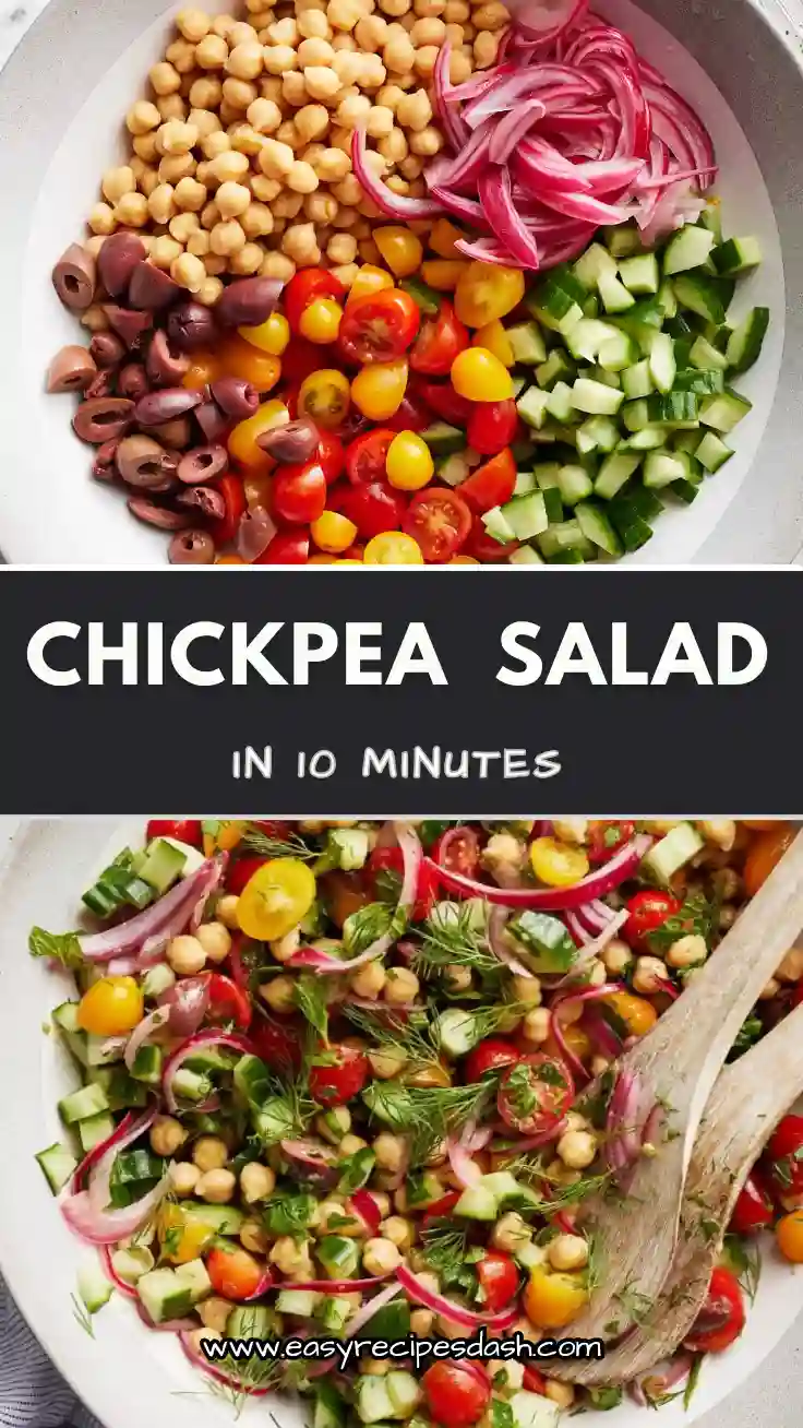 Mediterranean chickpea salad recipe with chickpeas, fresh vegetables, and herbs, served as a healthy quick lunch and meal prep salad idea