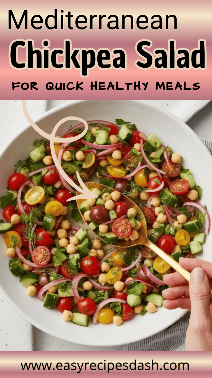 Bowl of Mediterranean Chickpea Salad with chickpeas, cucumber, tomatoes, red onion, herbs, and a light dressing, styled as a fresh healthy lunch and meal-prep-friendly Mediterranean dish.