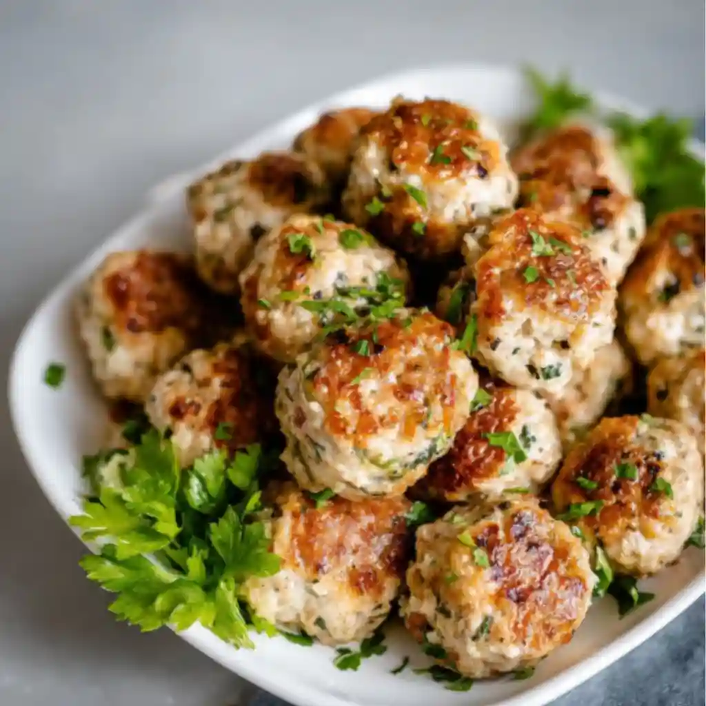 golden baked turkey meatballs garnished with parsley served in bowl