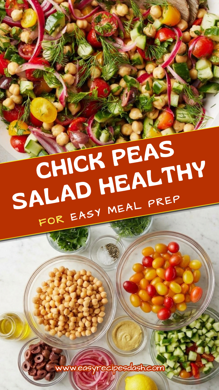 Bowl of Chick Peas Salad Healthy made with chickpeas, fresh vegetables, herbs, and a light dressing, styled as a Mediterranean chickpea salad for a healthy lunch and easy meal prep option.