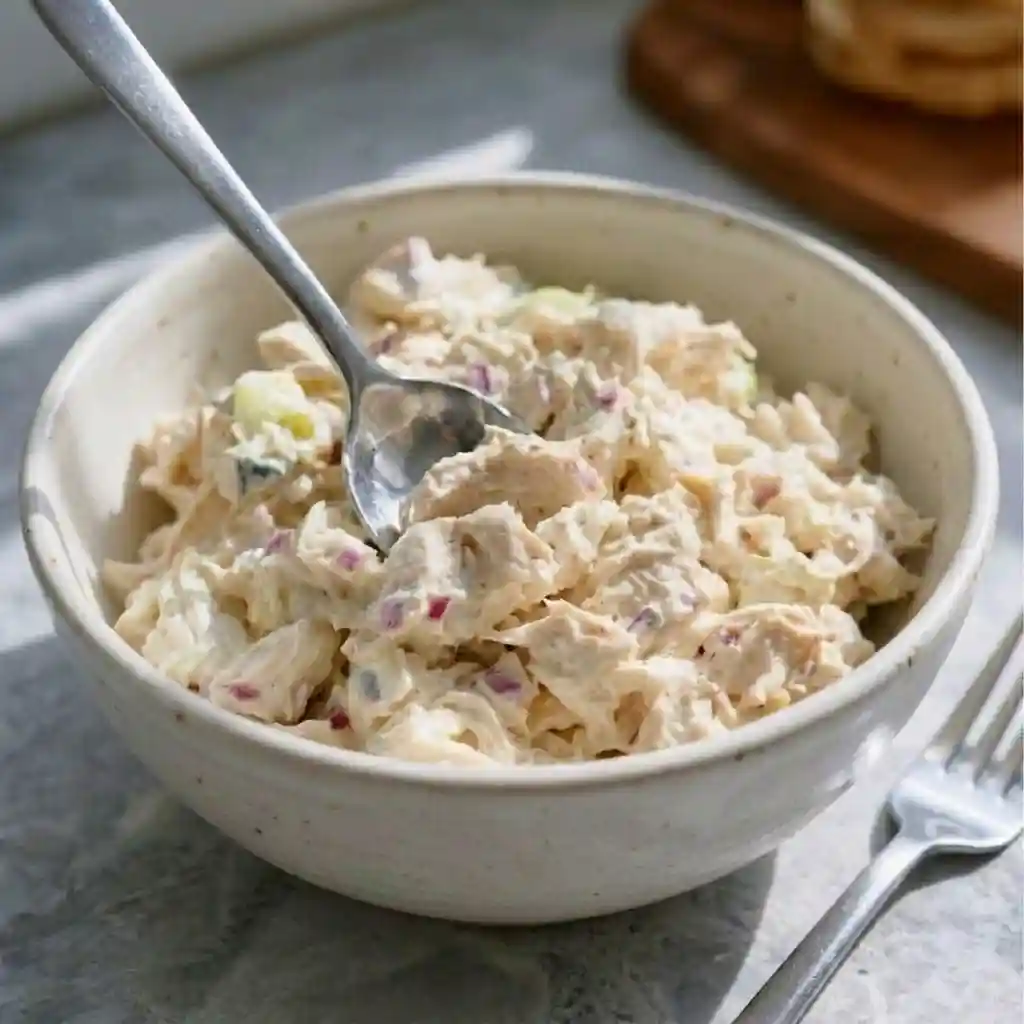 The Chicken Salad Recipe I Meal-Prep Every Week 3 Creamy homemade chicken salad recipe with shredded chicken, mayonnaise, red onion, and celery in a bowl