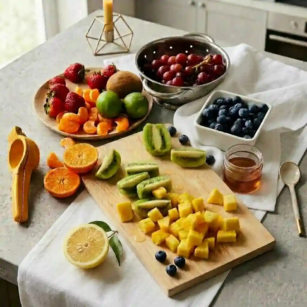 Fresh fruit salad ingredients including kiwi, pineapple, strawberries, blueberries, grapes, and citrus fruits arranged on a kitchen counter.