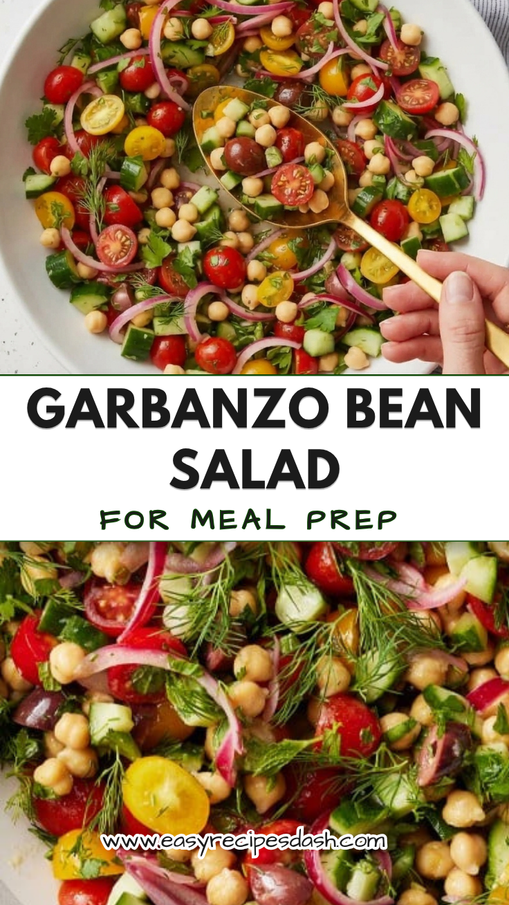 Colorful Garbanzo Bean Salad served in a bowl with garbanzo beans, fresh vegetables, herbs, and avocado, styled as a healthy meal prep salad for lunch or a light dinner.