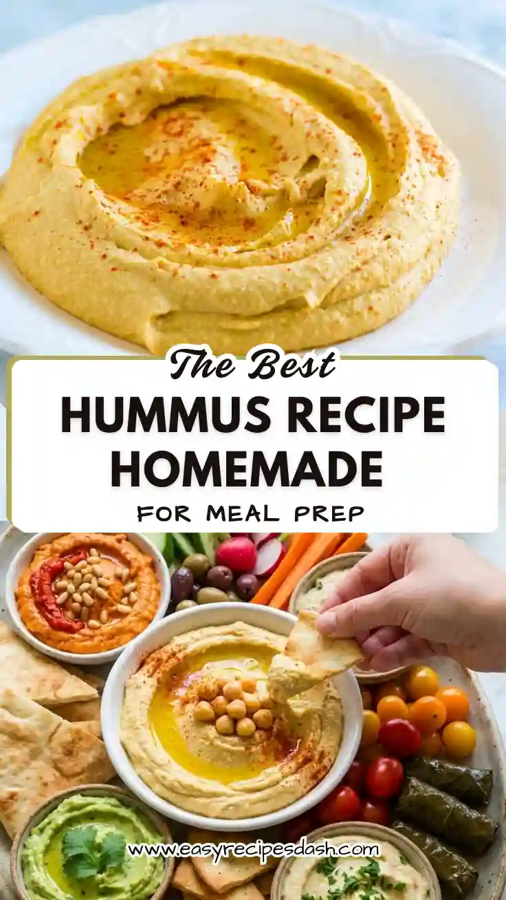 Creamy homemade hummus recipe in a bowl with olive oil and spices, served with veggies for a healthy snack or elegant hummus board.