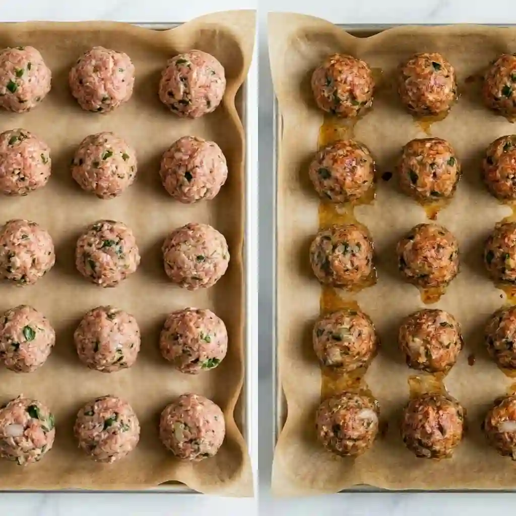raw and baked turkey meatballs on baking tray showing before and after cooking