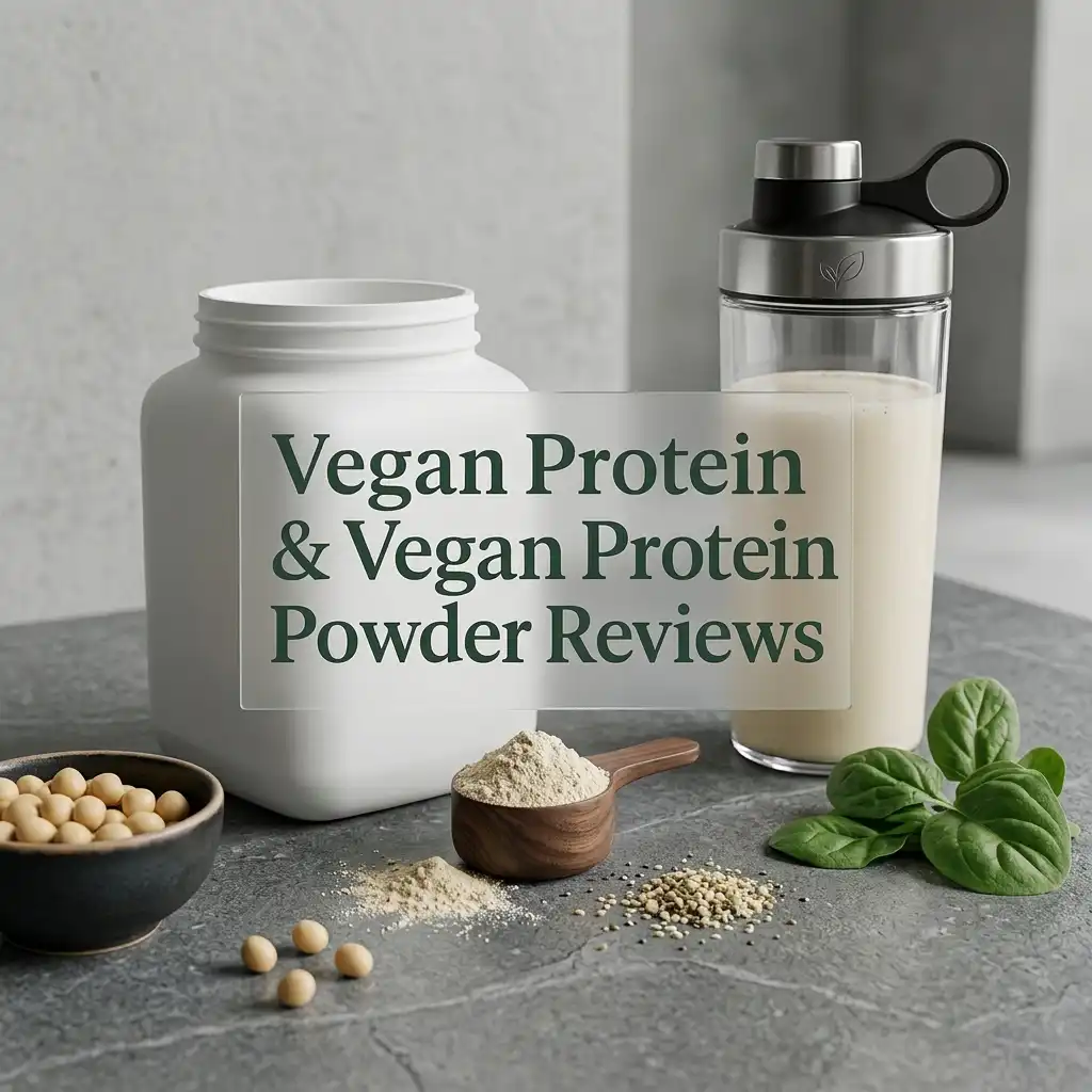 Vegan protein powder with shaker bottle, soybeans, and plant-based ingredients on kitchen counter