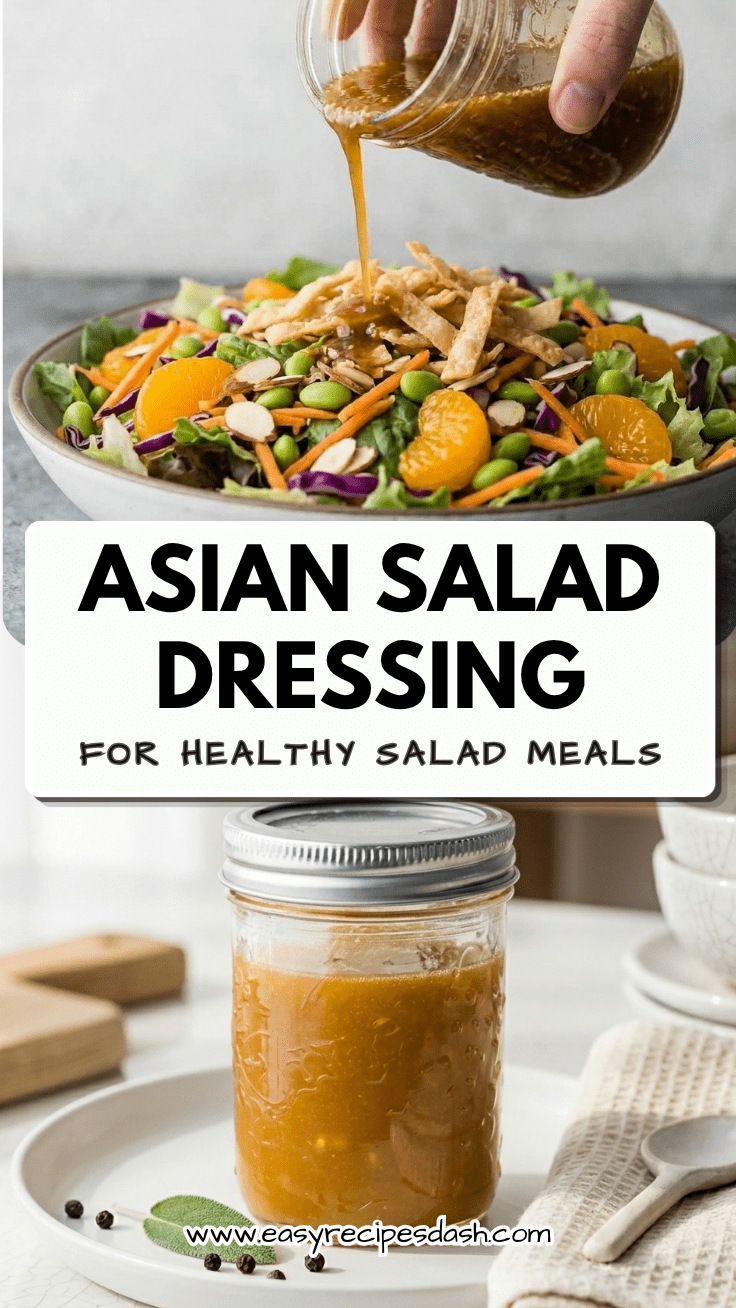 Bowl of fresh salad drizzled with homemade Asian Salad Dressing featuring sesame, ginger, and vinaigrette flavors, served as a healthy and easy meal option.
