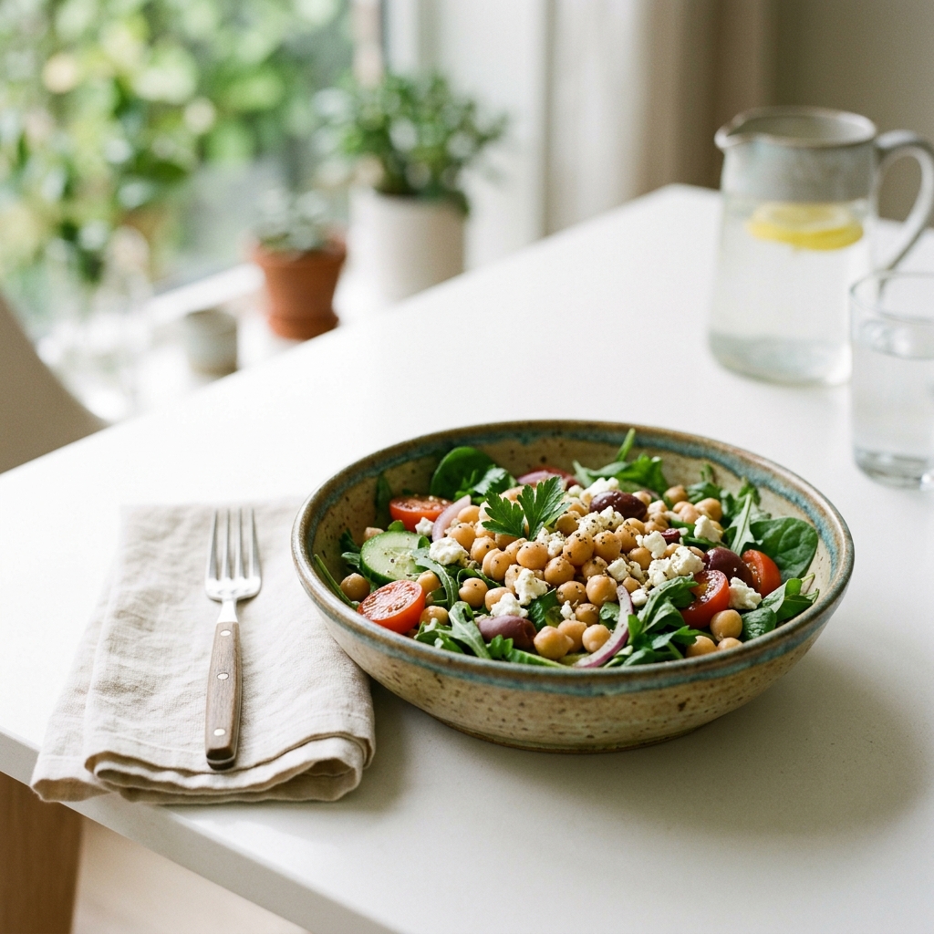 Simple Mediterranean-style bowl with chickpeas, fresh greens, and vegetables on a modern white table