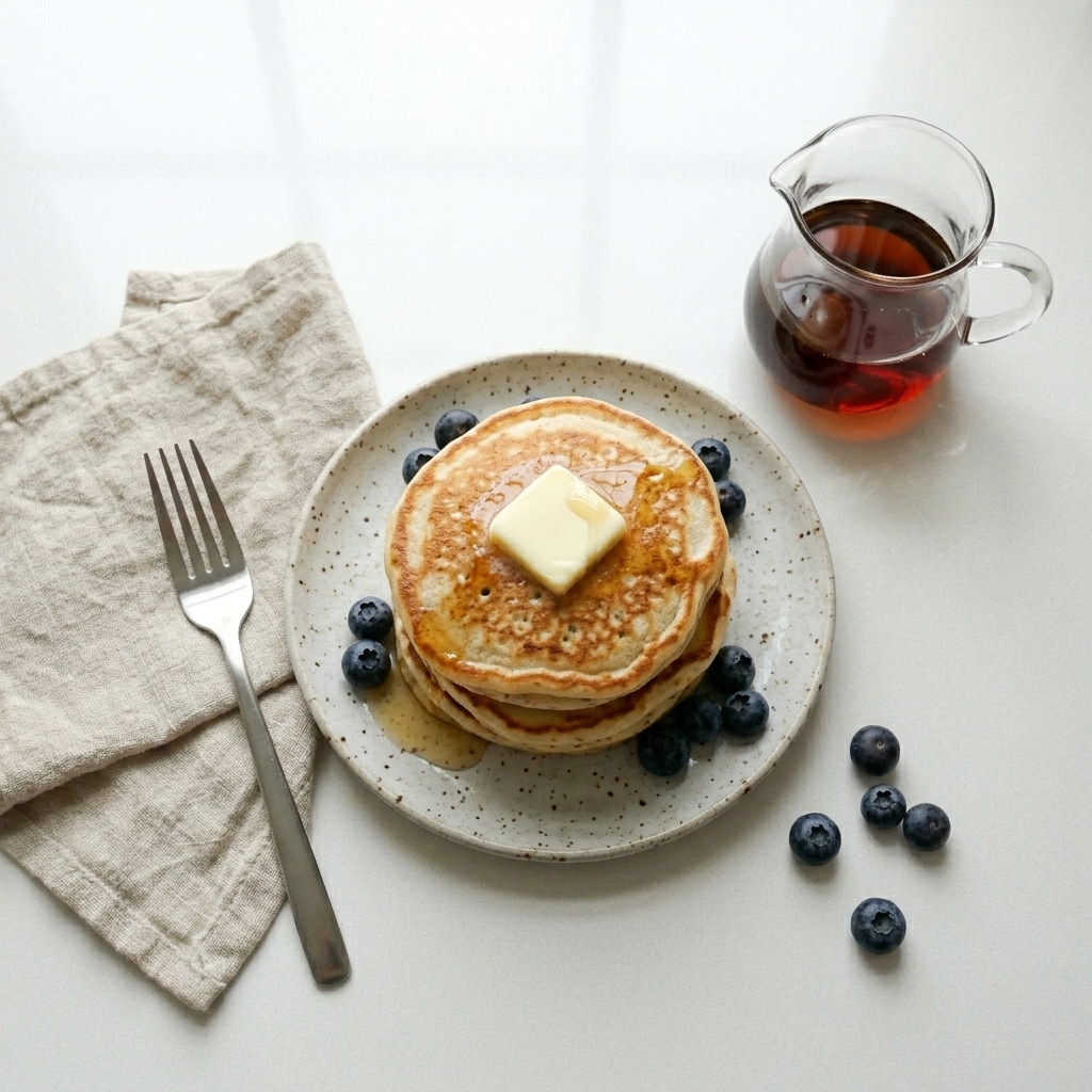 The Secret to Fluffy Pancakes Without Buttermilk 2 Overhead view of a stack of fluffy pancakes without buttermilk topped with melting butter, with maple syrup, blueberries, and a fork on a light surface.