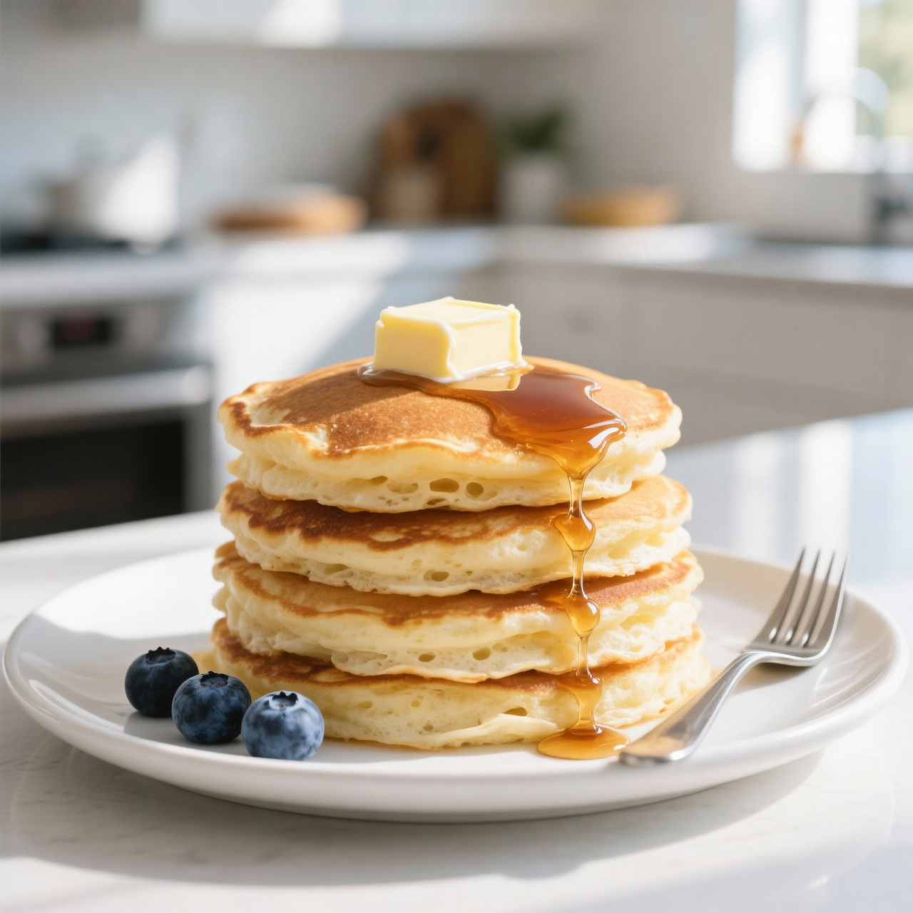 Stack of fluffy pancakes topped with melting butter and maple syrup, garnished with blueberries.