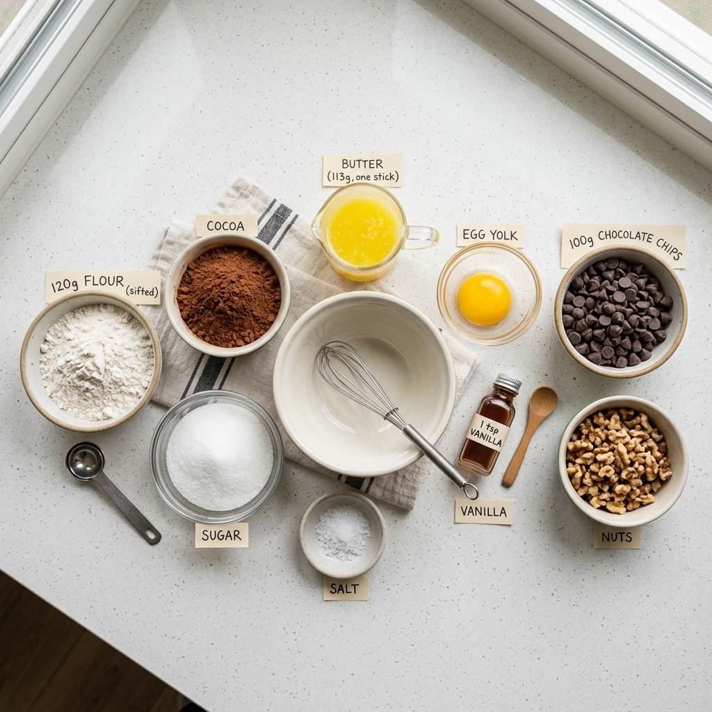 Ingredients for small-batch brownies laid out on a countertop.