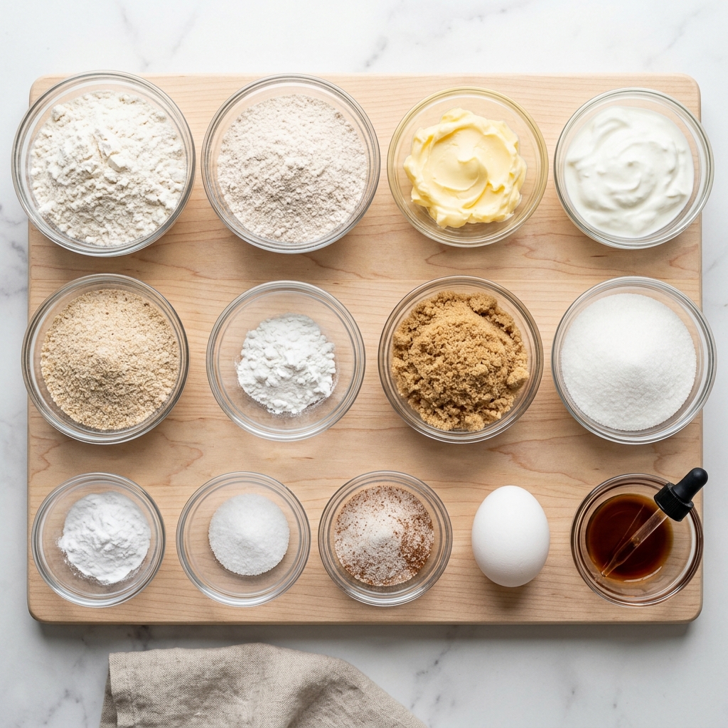 Measured ingredients for healthier snickerdoodles arranged in bowls, including flours, sugars, butter, yogurt, egg, vanilla, and cinnamon sugar.