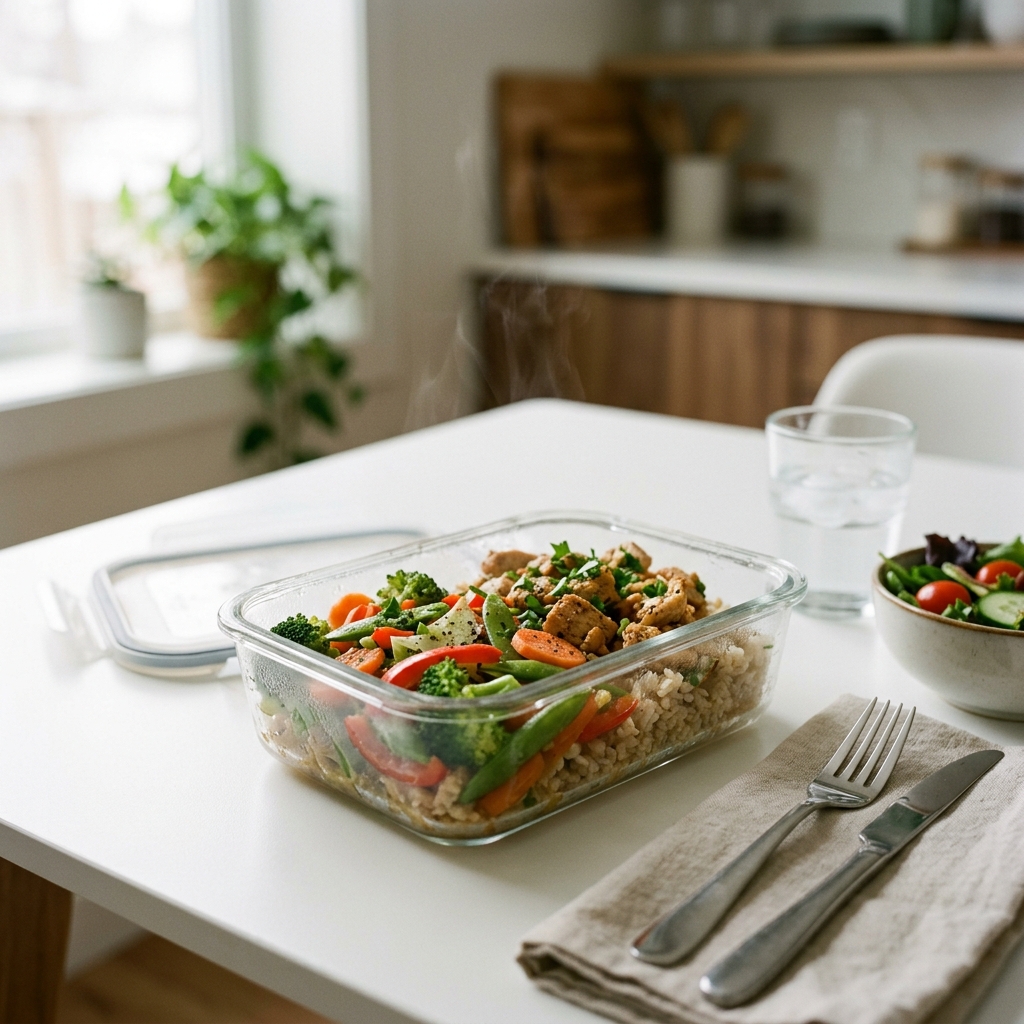 Reheated meal in a glass container with added fresh vegetables on a modern white table