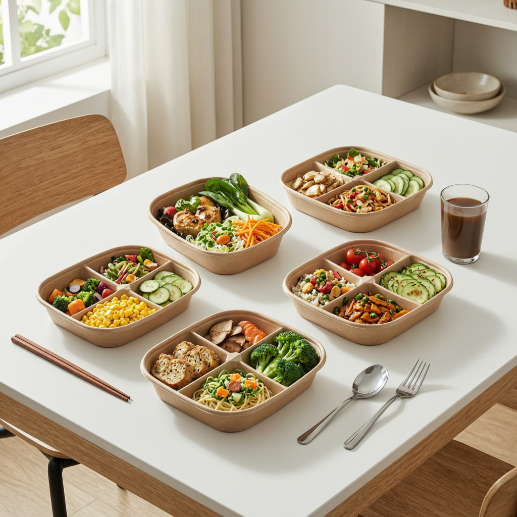 Assorted healthy delivered meals in portioned trays with vegetables, chicken, pasta, and grains on a modern white table