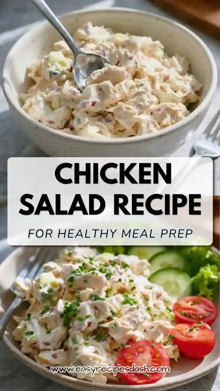 Homemade chicken salad recipe made with rotisserie chicken, celery, and creamy dressing in a serving bowl, perfect for healthy dinner recipes, quick meal prep, and high protein lunch ideas.