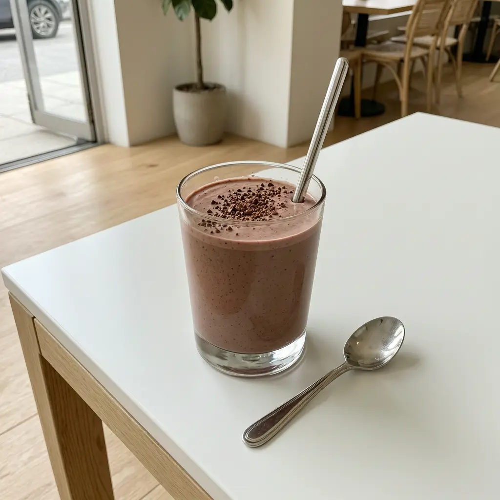 Chocolate smoothie meal replacement shake for weight loss served in a glass on a modern white table