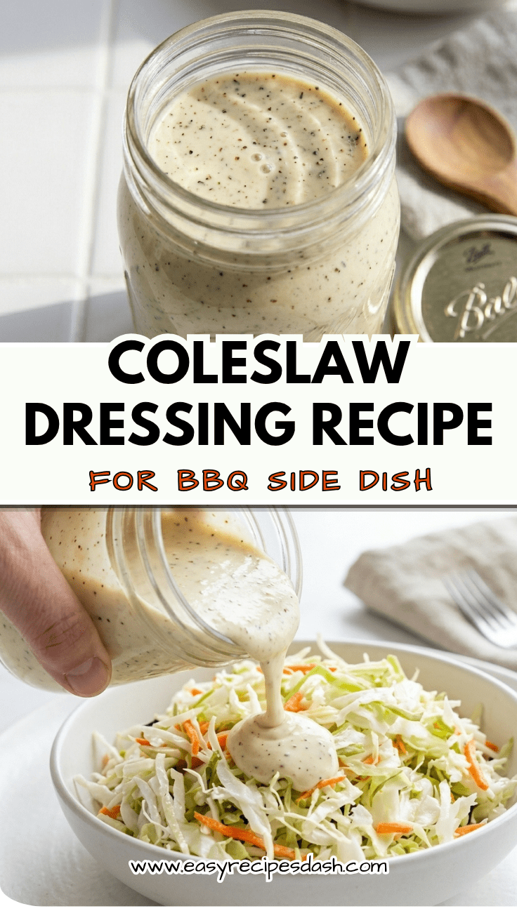 Bowl of creamy homemade coleslaw dressing being whisked together for a coleslaw dressing recipe, served alongside fresh shredded cabbage for an easy summer salad and BBQ side dish.