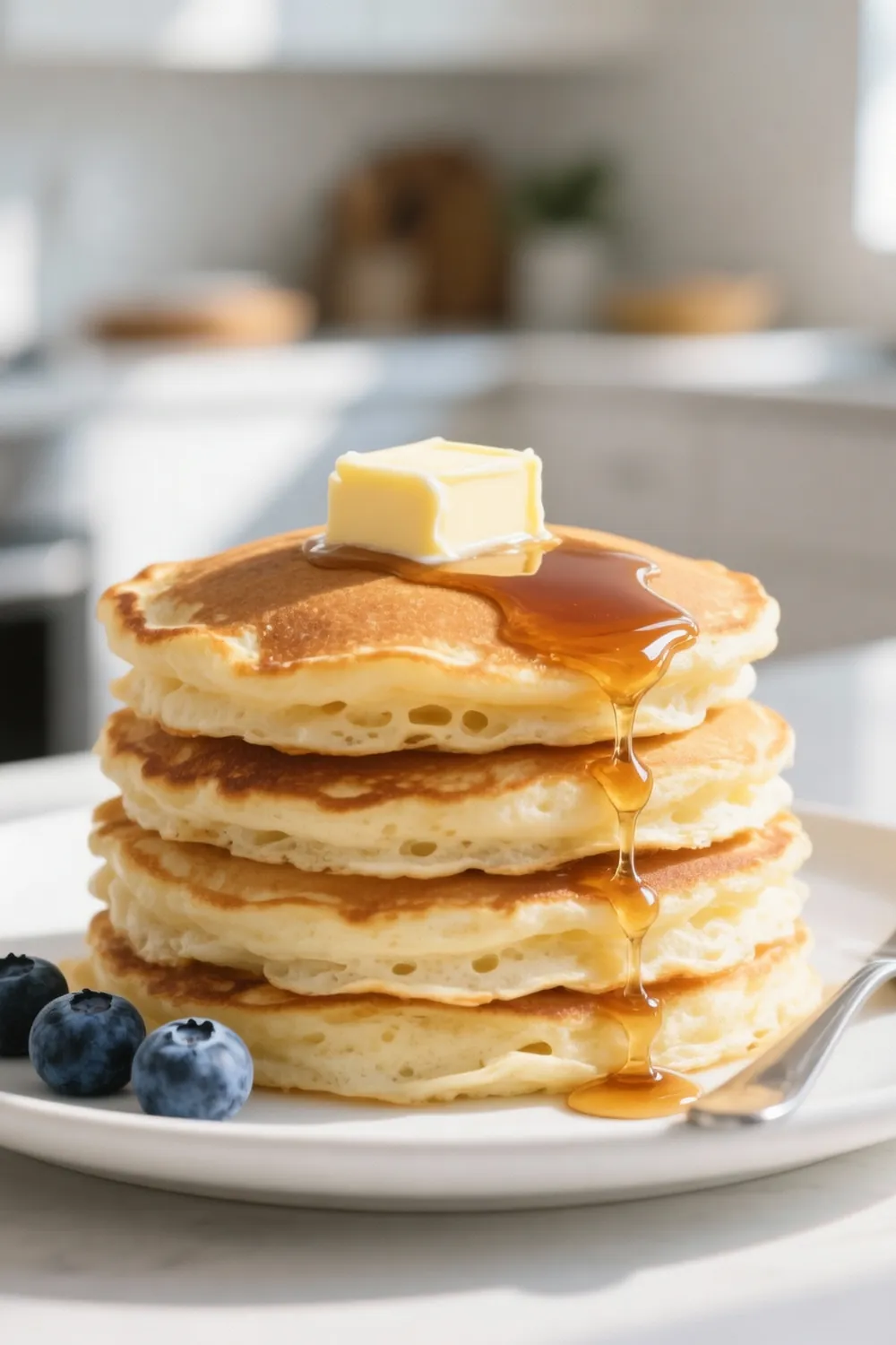 Stack of homemade pancakes made using a pancake recipe without buttermilk, topped with syrup and butter, showcasing a fluffy, golden texture perfect for an easy breakfast.