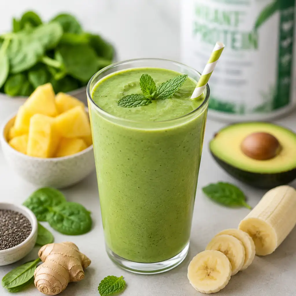 Green smoothie meal replacement shake with spinach, banana, pineapple, and protein powder for weight loss