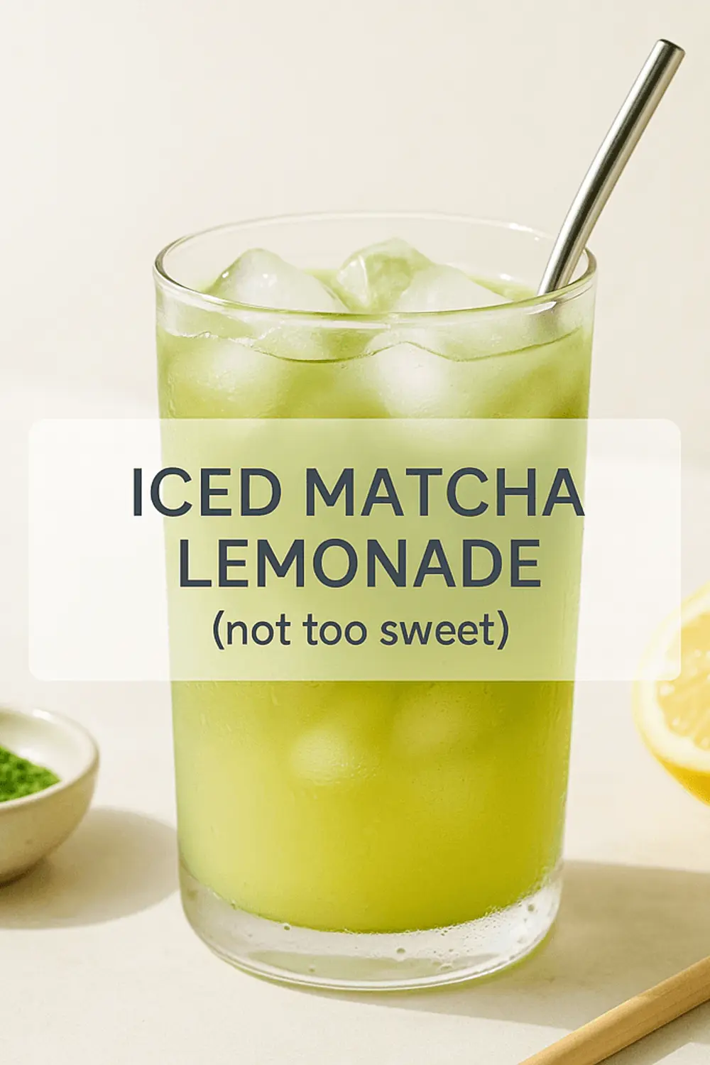 Iced matcha lemonade layered with bright green matcha and lemon juice over ice in a clear glass, styled as a refreshing summer drink.