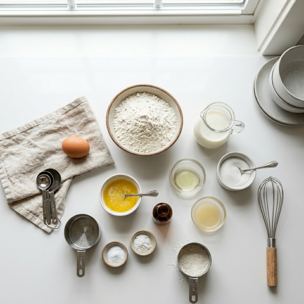 The Secret to Fluffy Pancakes Without Buttermilk 3 Overhead view of pancakes without buttermilk ingredients: flour, sugar, baking powder, baking soda, salt, milk, lemon juice or vinegar, egg, melted butter, and vanilla.