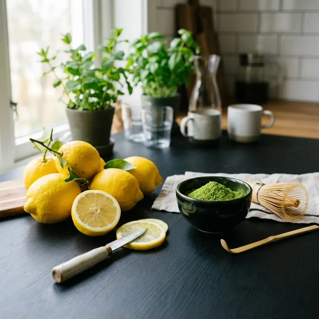 Iced Matcha Lemonade: The Not-Too-Sweet Version 4 Fresh lemons and a small bowl of matcha powder with bamboo whisk on a modern black kitchen table