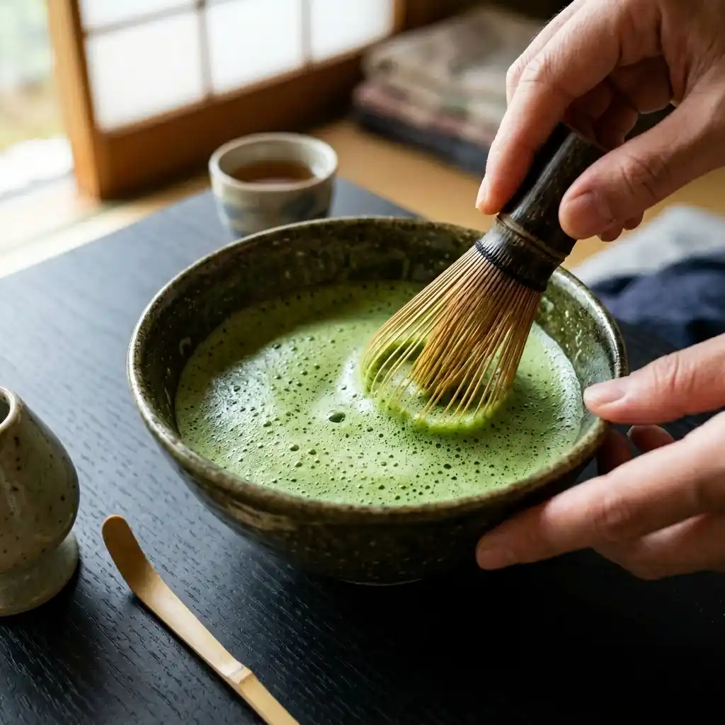 Iced Matcha Lemonade: The Not-Too-Sweet Version 3 Matcha green tea whisked in a small bowl until foamy using a bamboo whisk on a dark wooden table