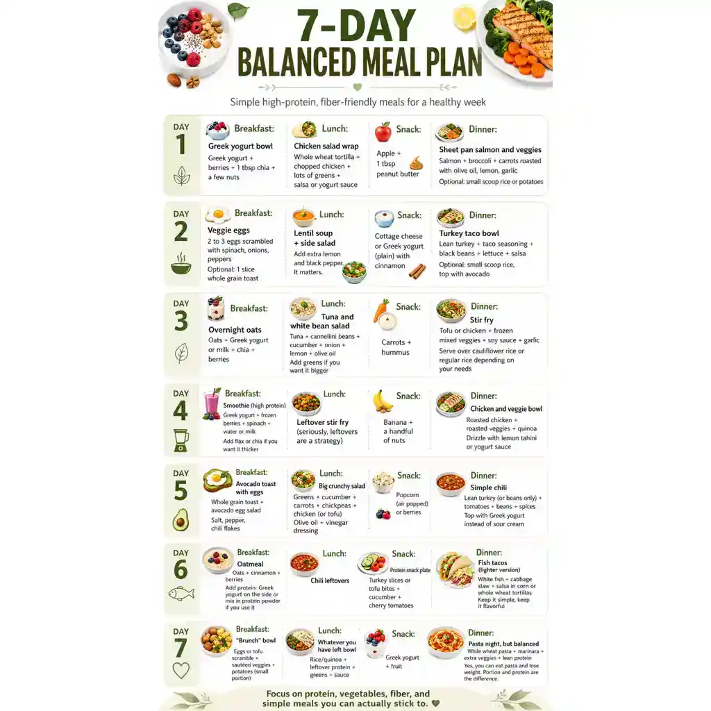 Diet plan for weight loss and meal plan for weight loss showing a 7-day balanced meal plan with breakfast, lunch, snack, and dinner options