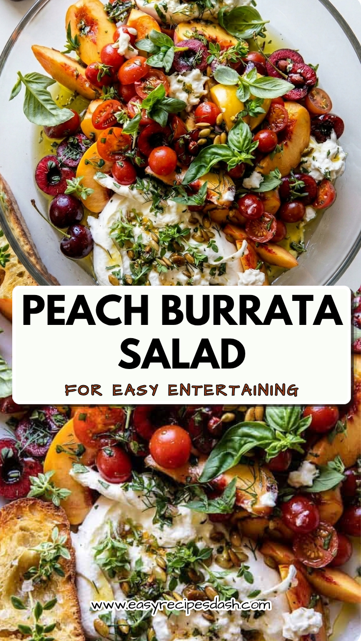 Peach Burrata Salad served on a platter with sliced ripe peaches, creamy burrata cheese, fresh greens, and herbs, styled as a colorful summer side dish and light lunch idea.