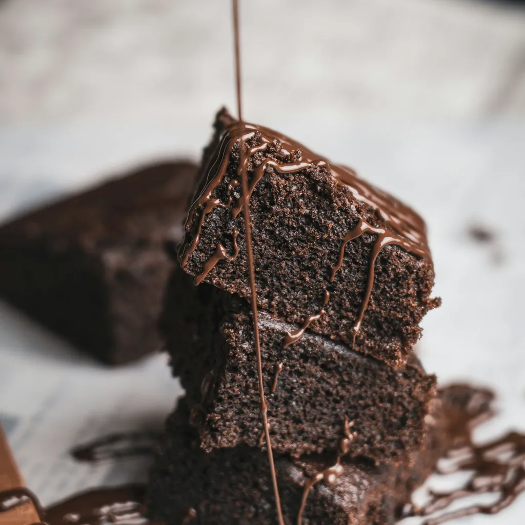 Stacked small-batch chocolate brownies drizzled with melted chocolate sauce