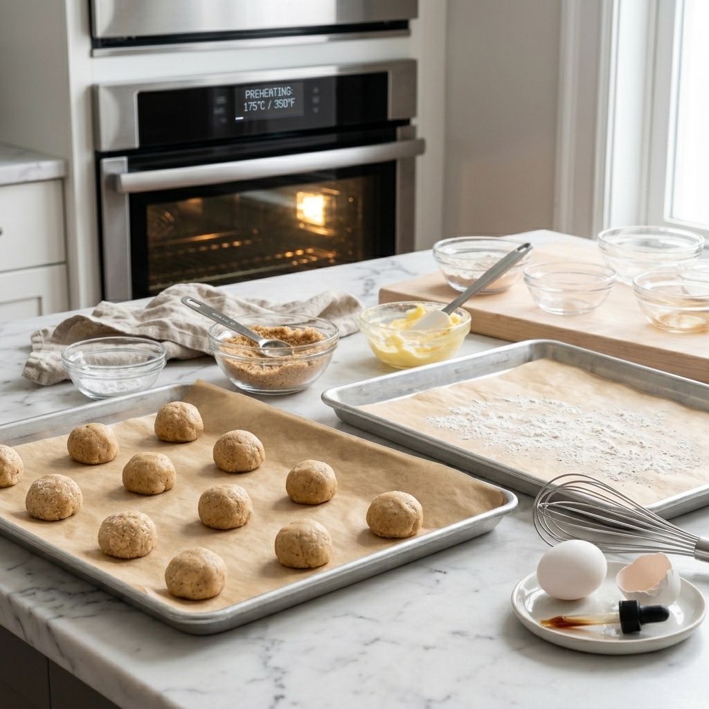 Two parchment-lined baking sheets set out while the oven preheats.