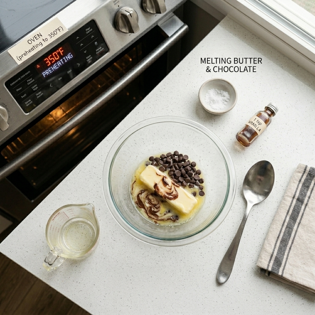 Butter and chocolate chips melting in a heatproof bowl.