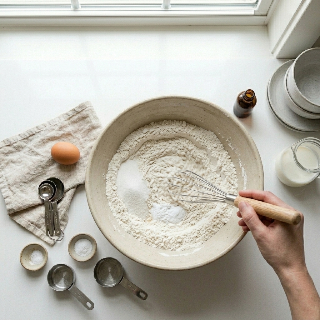 The Secret to Fluffy Pancakes Without Buttermilk 7 Flour, sugar, baking powder, baking soda, and salt being whisked together in a large bowl.
