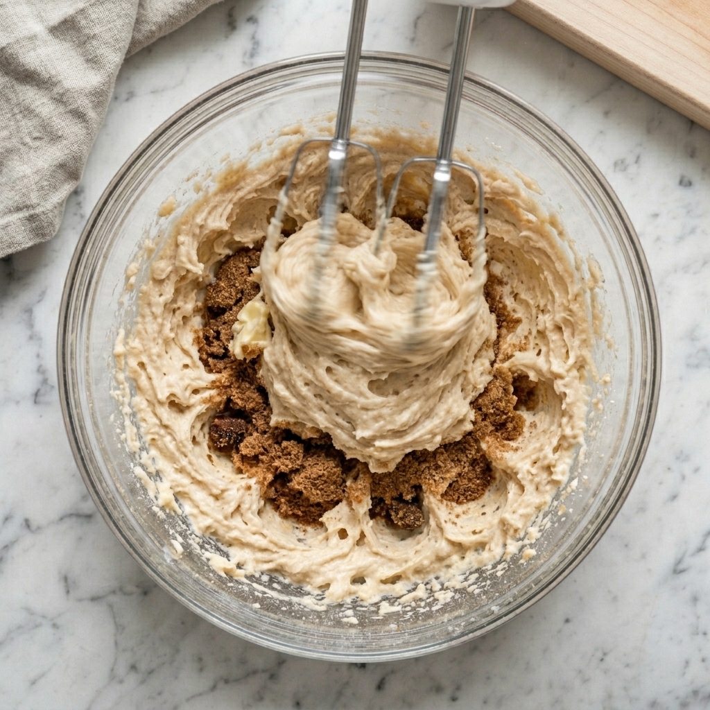 Butter and sugars being creamed together until fluffy in a mixing bowl.