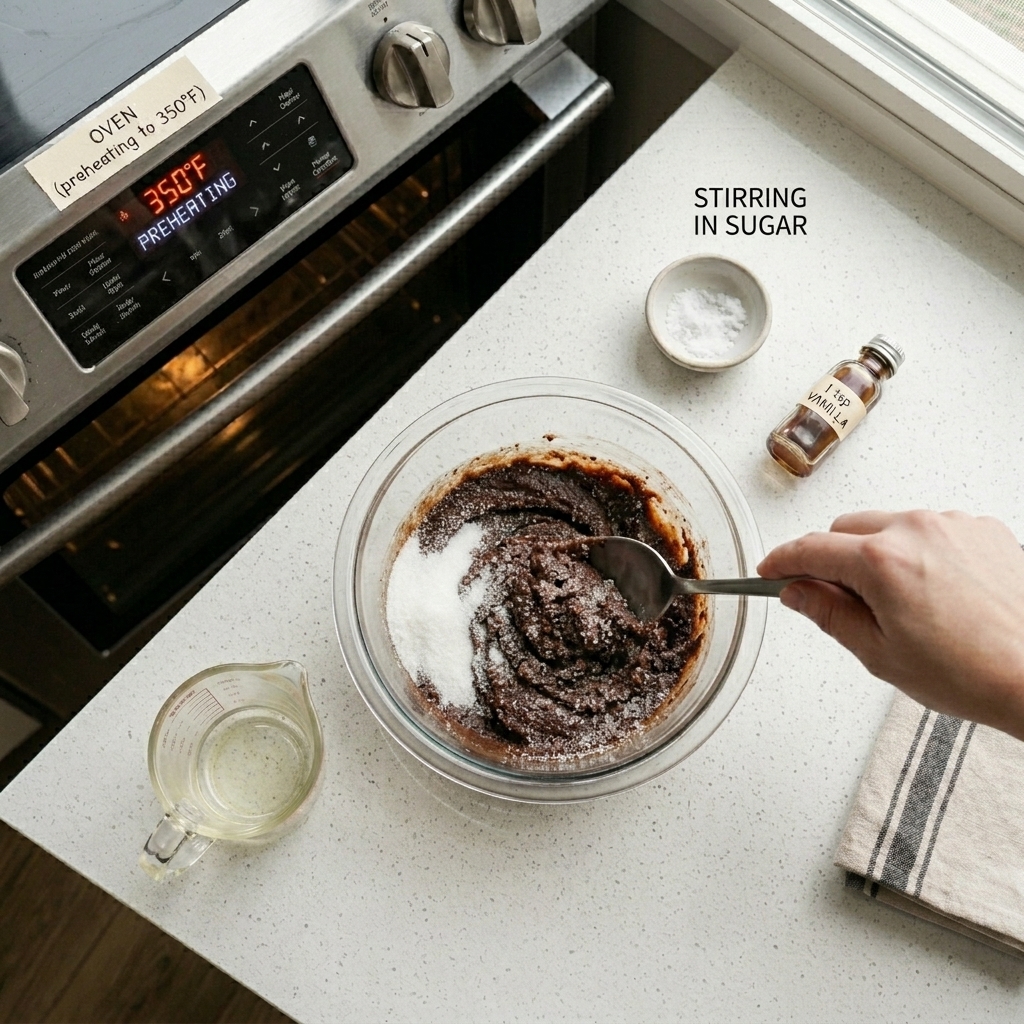 Stirring sugar into melted chocolate mixture.