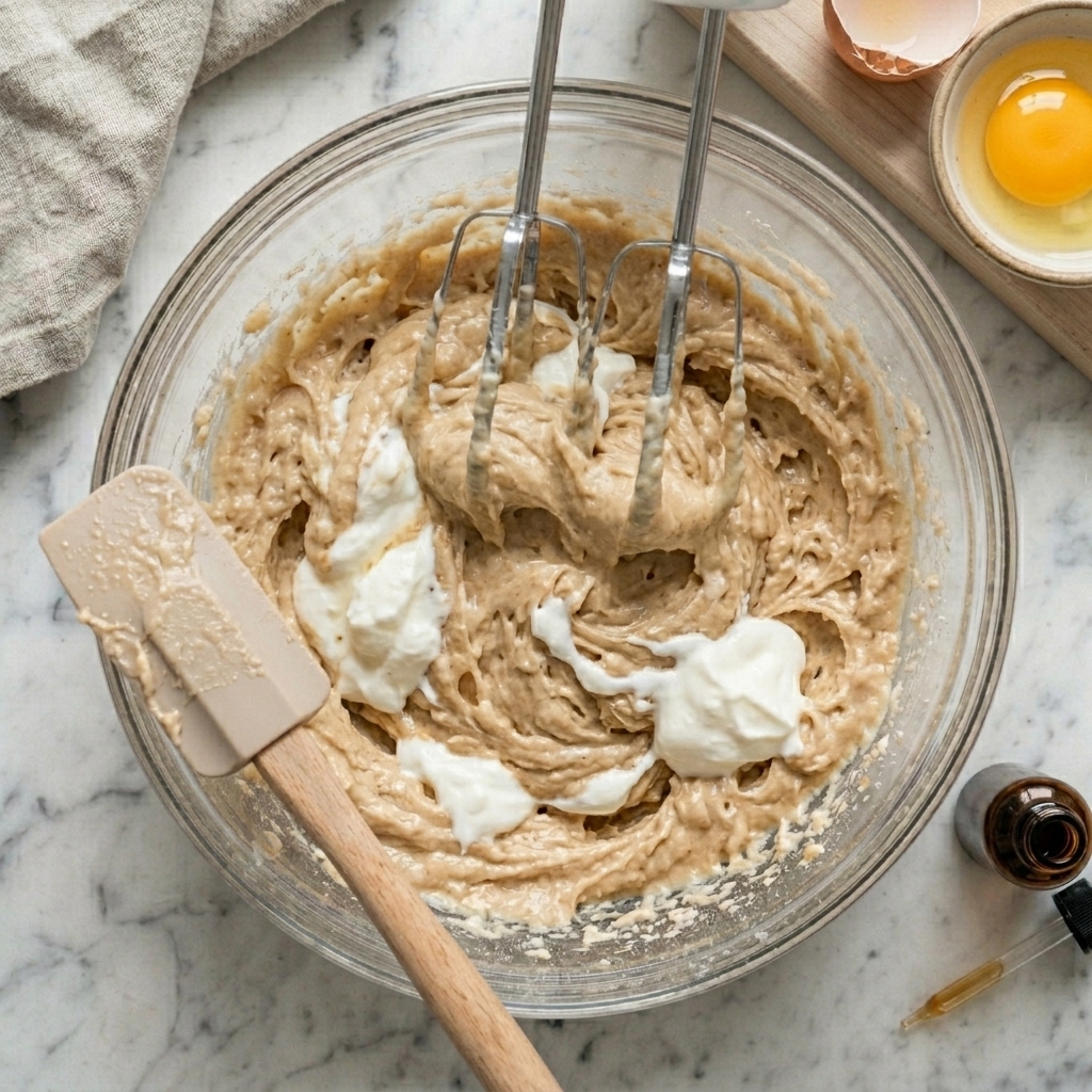 Greek yogurt, egg, and vanilla added to the creamed butter and sugar mixture.