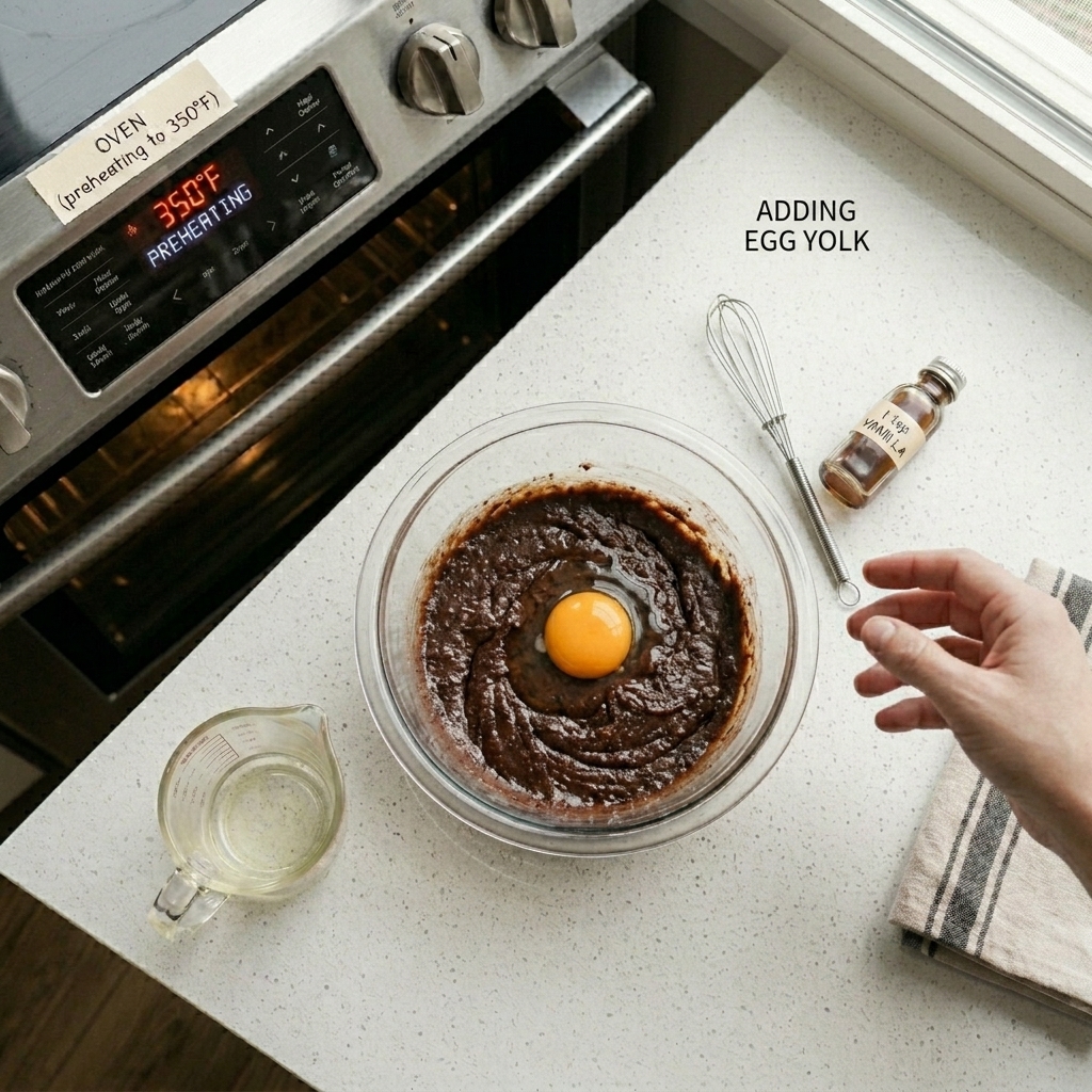 Egg yolk and vanilla being mixed into melted chocolate.