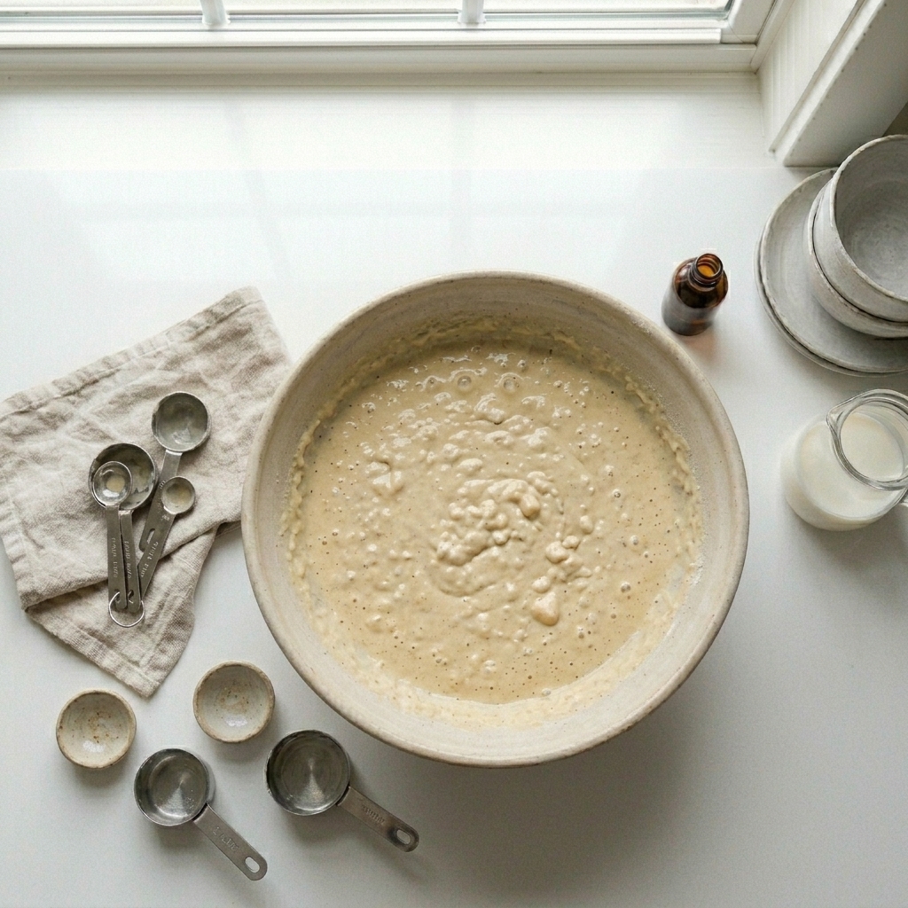 The Secret to Fluffy Pancakes Without Buttermilk 9 Wet ingredients poured into dry ingredients and gently mixed into a slightly lumpy pancake batter resting in the bowl.