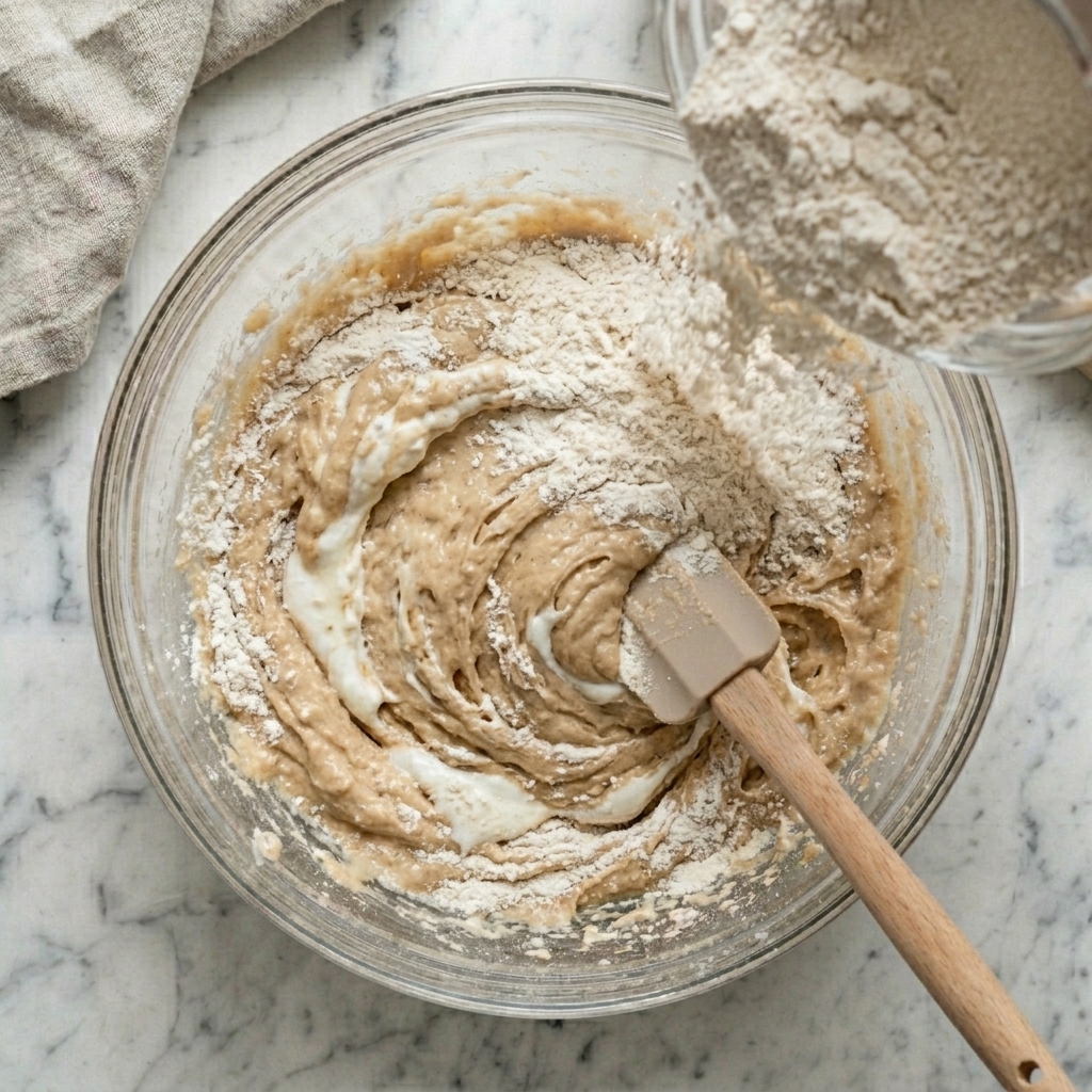 Dry ingredients being folded into the wet mixture to form snickerdoodle dough.