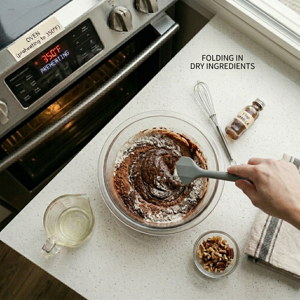 Adding flour, cocoa, and salt to brownie batter.