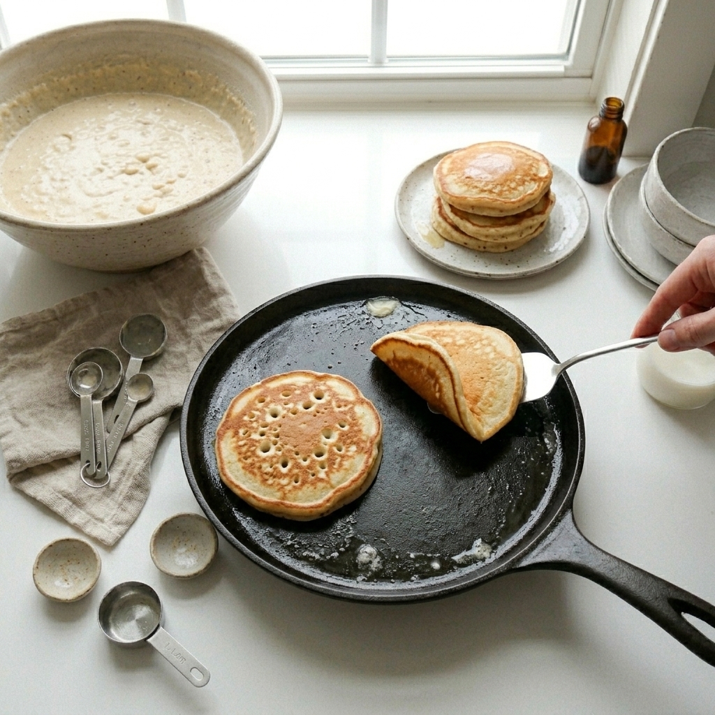 The Secret to Fluffy Pancakes Without Buttermilk 10 Pancakes cooking on a skillet with bubbles on top and one pancake being flipped with a spatula.