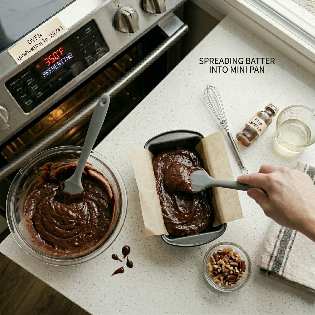 Thick brownie batter evenly spread in pan.