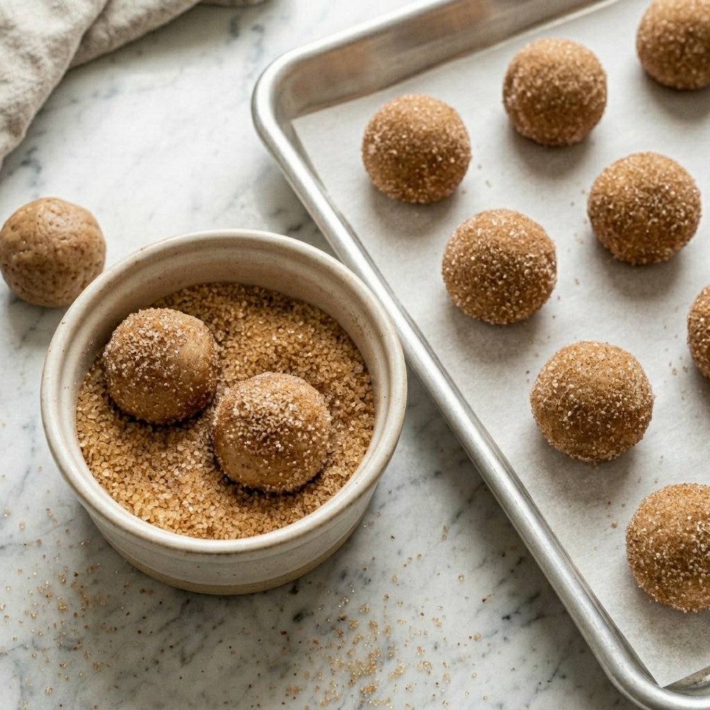 Cookie dough balls coated in cinnamon sugar on a parchment-lined baking sheet.