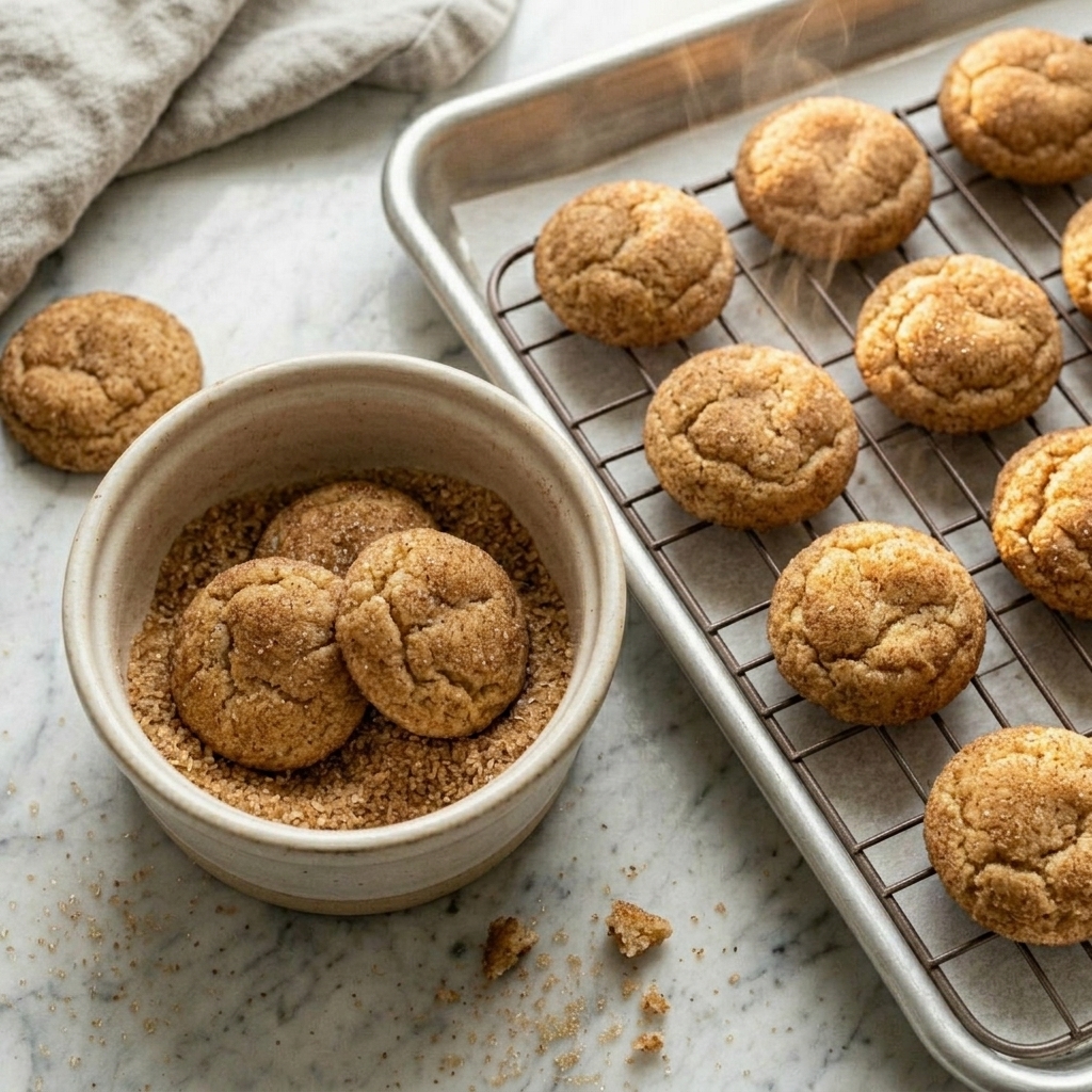 Freshly baked snickerdoodles cooling after baking until set and chewy.