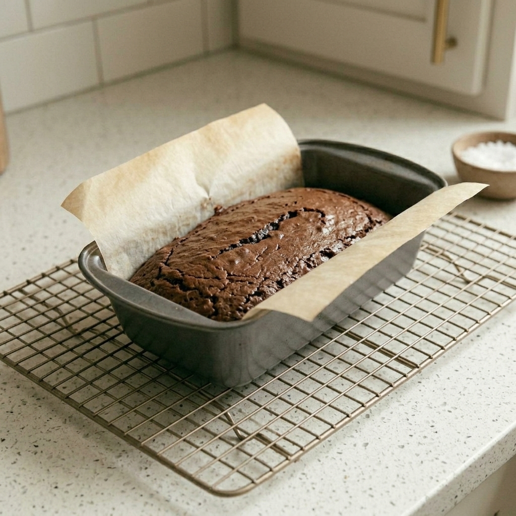 Brownies cooling in pan before slicing.
