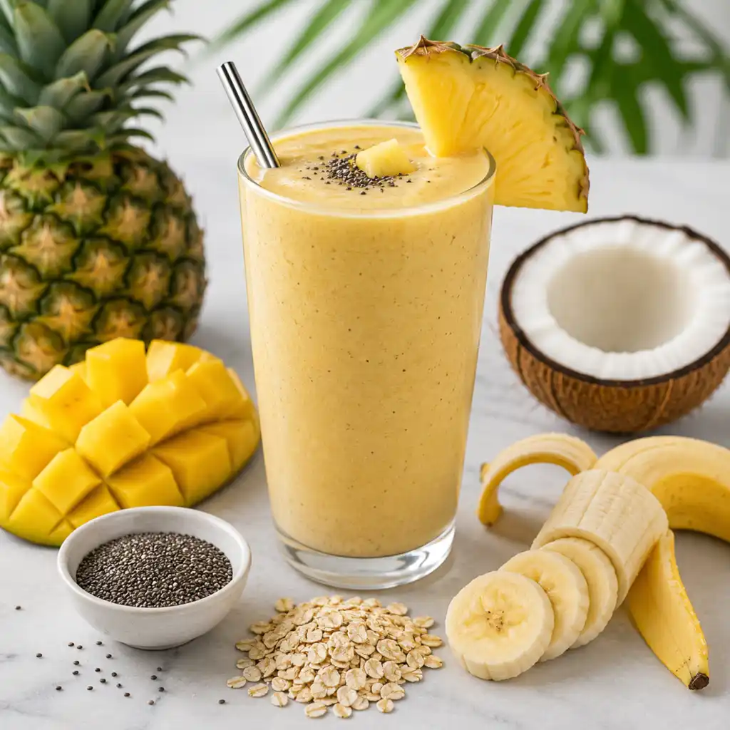 Tropical high fiber shake with pineapple, mango, banana, oats, and chia seeds for weight loss and meal replacement
