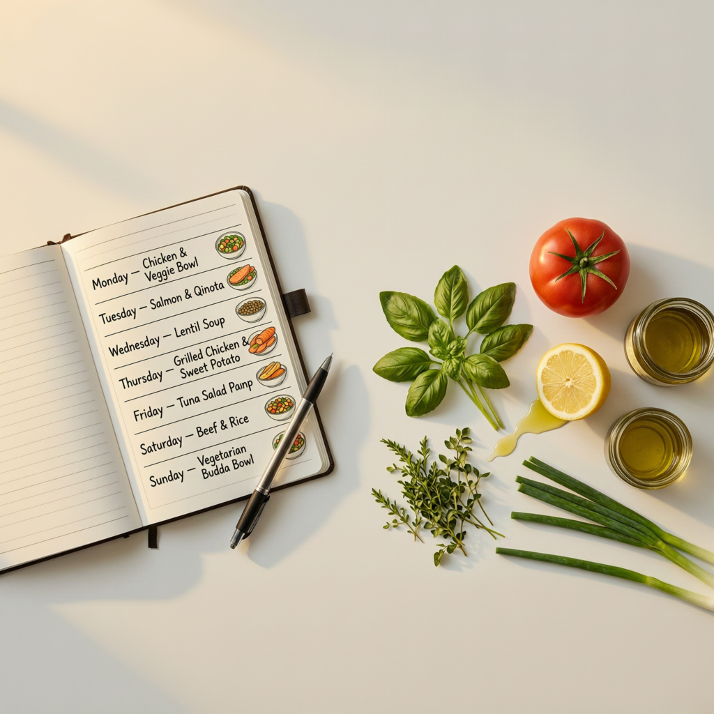 Weekly meal planning notes with fresh ingredients like vegetables and herbs arranged on a modern white table