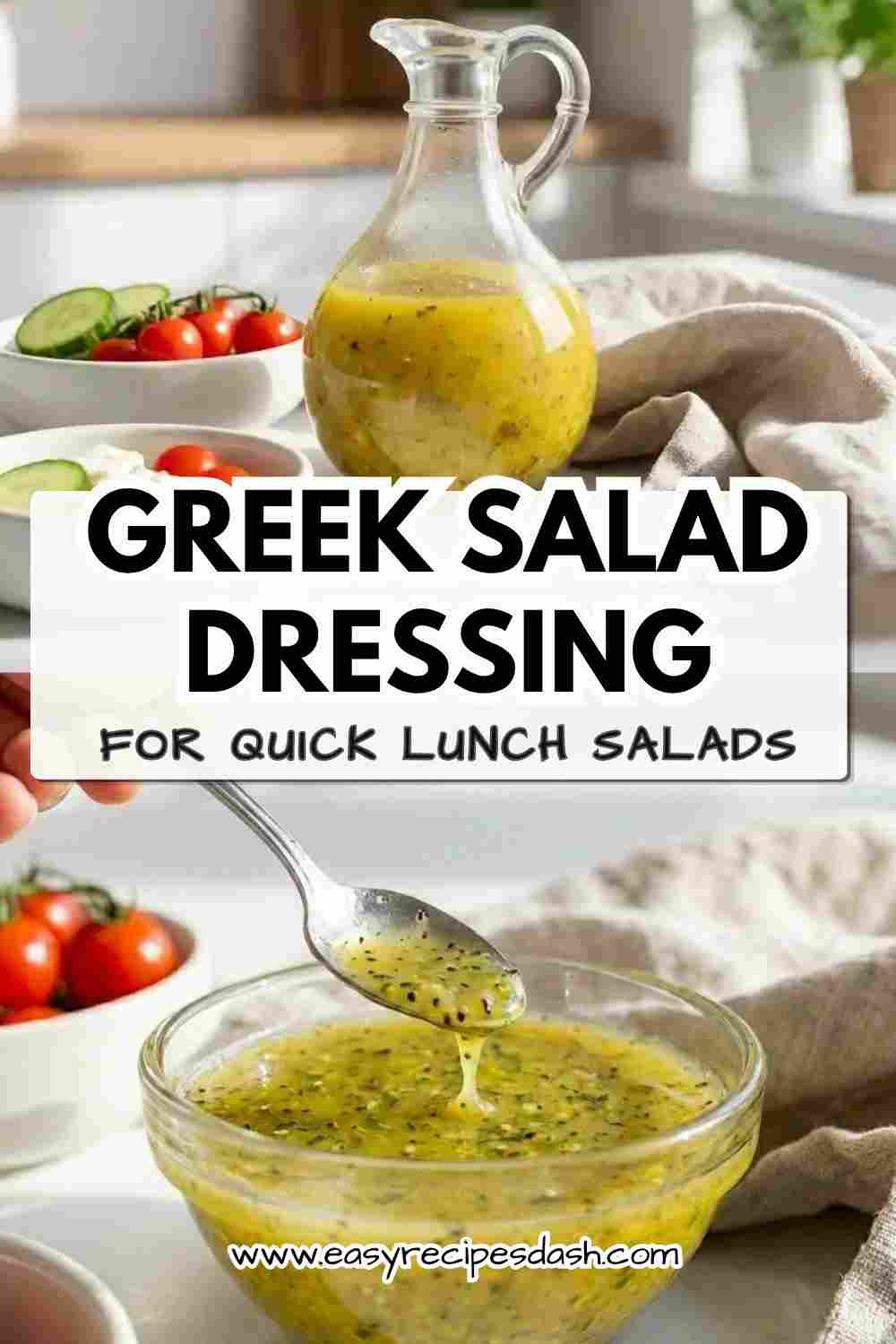 Jar of homemade Greek Salad Dressing with olive oil, herbs, and seasonings beside a fresh Greek salad with tomatoes, cucumbers, olives, and feta cheese.